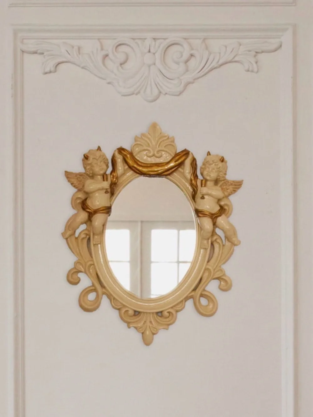 Ornate Cherub Oval Wall Mirror in Cream and Gold